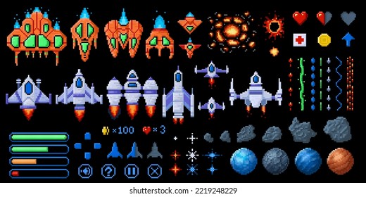 Elementos de juego en el espacio de arte de píxeles. Starship de 8 bits, asteroides y planetas. Galaxy war arcade activos vector conjunto de arte píxel, barco transbordador ilustración de 8 bits