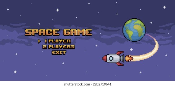 Pixel art space game home screen, game menu with rocket flying over earth 8 bit game background