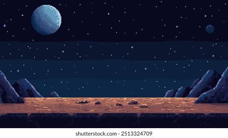 pixel art space game level background, 8 bit retro style video game. Planet surface with rocks. Starry sky with planets. Vector illustration