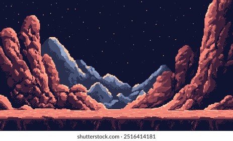 pixel art space game level background, 8 bit retro style video game. Planet surface with rocks. Starry sky. Vector illustration