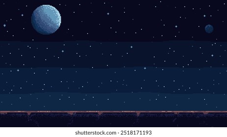 pixel art space game level background, 8 bit retro style video game. Planet surface with rocks. Starry sky with planets. Vector illustration