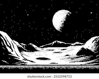 Pixel art space game level background, 8 bit retro style video game. Black and white. Monochrome planet surface with rocks. Starry sky. Vector illustration