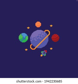 Pixel art space scene with different planets, stars and rocket