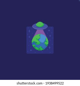 Pixel art space scene with green planet looking like earth and ufo above it projecting light on the planet