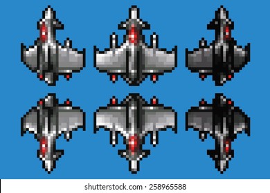 pixel art space ship animation set - 8 bit style vector illustration
