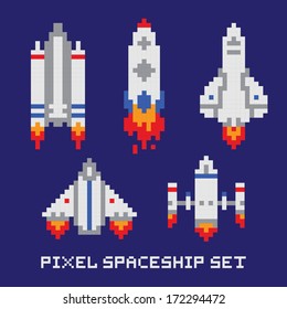 Pixel Art Spaceship Isolated Vector Set