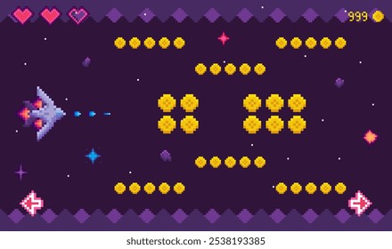 La nave espacial Pixel Art navega en un campo espacial oscuro recolectando monedas amarillas con flechas direccionales rojas, iconos de corazón y una puntuación de 999. Ideal para diseños de juegos retro nostalgia de la aventura espacial