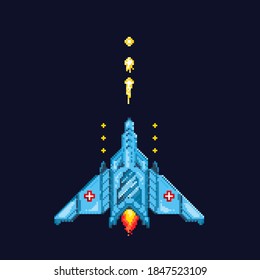 Pixel art spaceship. Shooting spaceship