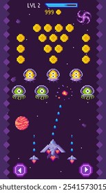 Pixel art spaceship shooting alien invaders amid stars and gold coins on purple starry background. Retro video game interface with score and level indicators. Ideal for gaming, sci-fi, 1980s