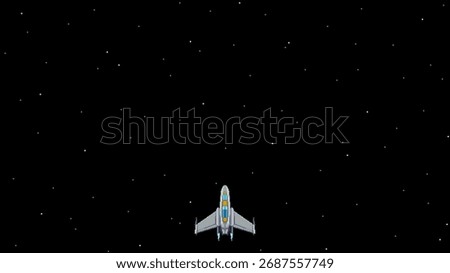Pixel art spaceship in starry space background, retro arcade style