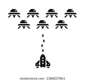 Pixel art spaceship vs. aliens , 1-bit black and white icon set. Mobile application game design. Isolated vector illustration.