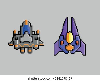 Pixel art spaceships, retro game spaceship 8bit style. Space shuttle for game in pixel art styles. Retro style space