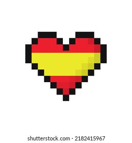 Pixel art Spain flag in the shape of a heart. Vector illustration