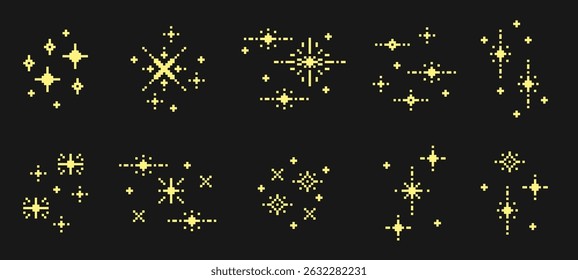 Pixel art sparkle glitter. Stars, 8 bit sparkles, shine pixel sparks. Golden pixelated space star, retro arcade game magic elements. Festive Christmas firework vector set.