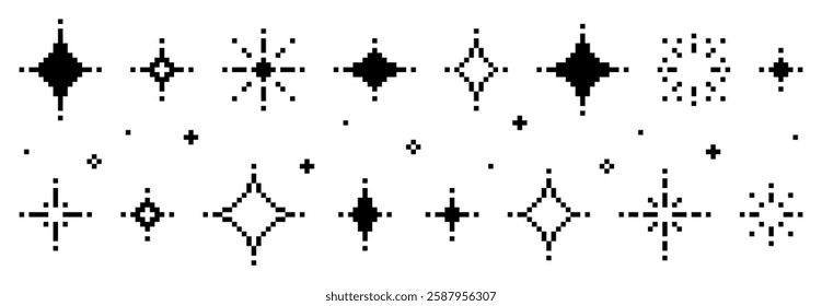 Pixel art sparkles. 8-bit style pixelated aesthetic. black vector design. simple and minimalistic. vector graphics. stars and a sparkle.