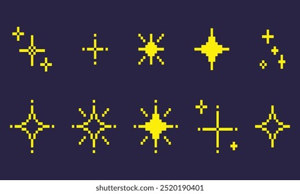 Pixel art sparkles. Retro night pixelated sparkling elements. Yellow and gold star and glitter games. Vector 8-bit retro style sparkle set illustration. 