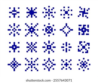 Pixel art of sparkling star vector set. Shiny game pixel art effect set. Firework burst, space decoration. 90s aesthetic. Retro starburst.