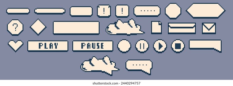 Pixel Art Speech Boxes, Dialogue Boxes Assets for retro Games, speech bubbles messages and quote frames vector set, blue and beige set