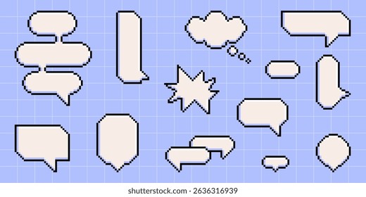 Pixel art speech bubble collection on blue grid - 8 bit chat balloons in various design shapes. Retro game dialogue boxes with black outlines for comic conversations and messaging interfaces.