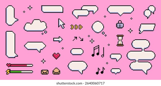 Pixel art speech bubble collection on pink background - retro game dialog boxes, chat balloons, message clouds with arrows, hearts, music notes, hourglass icons. 8 bit style communication elements.