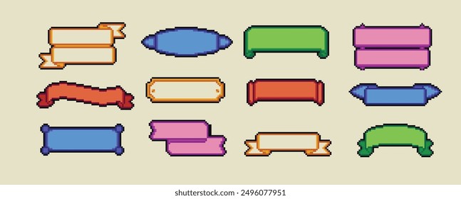 Pixel art speech bubble. Dialogue boxes, retro 8 bit arcade game style quotes and UI message frames vector template set of chat pixel bubble 8-bit illustration