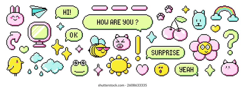 Pixel art speech bubble and element asset pack. Retro aesthetics dialogue box and retro game style vector illustration. Y2k 8-bit pixelated icon set.