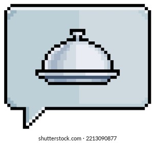 Burbuja de habla de arte de píxeles con placa de icono de bandeja de alimentos icono de vector de alimentos para juego de 8 bits sobre fondo blanco
