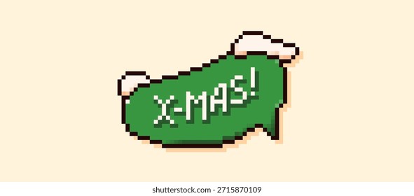 Pixel art speech bubble with a green background the phrase X-Mas and snow peaks.