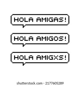 Pixel art speech bubble with "hola amigos" text. Retro game style speech bubble. Hello friends message in Spanish language. Isolated vector illustration.