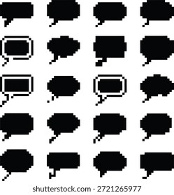 Conjunto de iconos de burbuja de discurso de arte de píxeles. Video Contiene cuadros de chat de 8 bits, marcos de texto de juegos retro, nubes de mensajes digitales y gráficos de computadora de la vieja escuela.