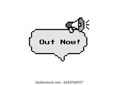Pixel art speech bubble with a megaphone and the phrase “Out Now!” in 8-bit retro style. Perfect for gaming, announcement, and UI designs.