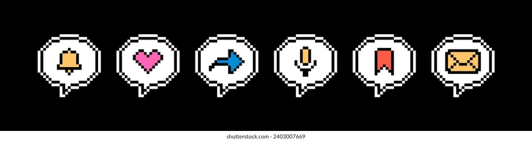 Pixel art speech bubble stickers. Used for social networks, instant messengers and podcasts. 8 bit vector illustration on black background.