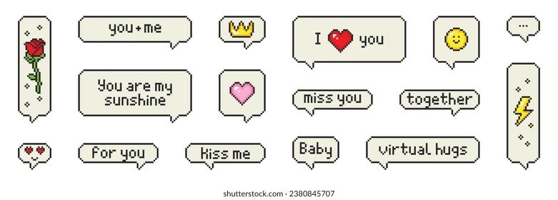 Pixel art speech bubble with text and cute love elements. Retro game style dialogue box. Isolated flat vector illustration.