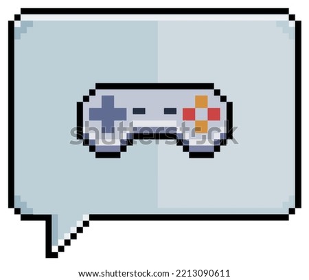 Pixel art speech bubble with video game controller joystick icon vector icon for 8bit game on white background 
