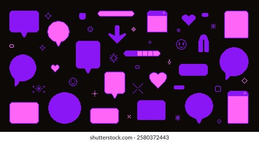 Pixel art speech bubbles. 8 bit text boxes with hearts, arrow and sparkles. Square, round chat frames. Dialog balloon pink and violet in retro 90s style. Digital message cloud. Vector illustration.