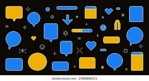 Pixel art speech bubbles. 8 bit text boxes with hearts, arrow and sparkles. Rectangle and round chat frames. Dialogue balloon icons in retro 90s style. Digital message borders. Vector set illustration