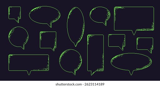 Pixel art speech bubbles. 8 bit text boxes with dithering. Rectangle and round chat frames. Dialog balloon icons in retro 90s green lines style. Digital messages. Vector illustration.