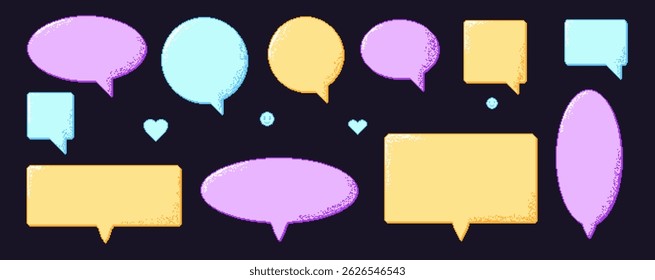 Pixel art speech bubbles. 8 bit colorful text boxes set. Rectangle and round chat frames with dither. Dialogue borders icons in retro 90s style. Digital callouts message borders. Vector illustration.