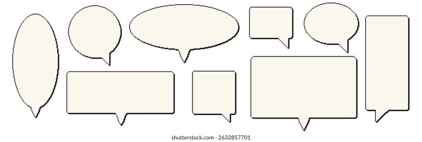 Pixel art speech bubbles. 8 bit text boxes set. Rectangle and round chat frames. Dialogue borders icons in retro 90s style. Digital callouts message borders. Vector collection illustration.