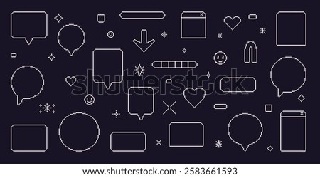 Pixel art speech bubbles. 8 bit text boxes with hearts, arrow and sparkles. Rectangle and circle line chat frames. Dialog balloon icons in retro 90s style. Digital messages. Vector set illustration.