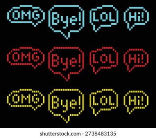 Pixel art speech bubbles with colorful OMG, Bye!, LOL, Hi! text