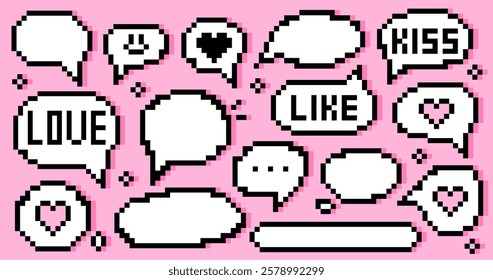 Pixel art speech bubbles, dialog boxes on a pink background with words like love, kiss, and like. Retro 8-bit inspired design perfect for gaming, social media, web banners and nostalgic posters.