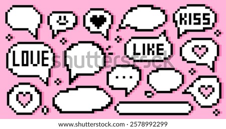 Pixel art speech bubbles, dialog boxes on a pink background with words like love, kiss, and like. Retro 8-bit inspired design perfect for gaming, social media, web banners and nostalgic posters.