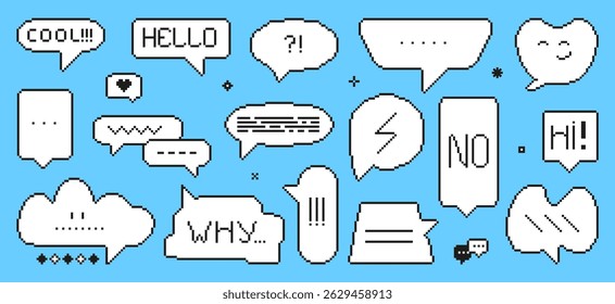 Pixel art speech bubbles. Dialogue frames abstract shapes, 8-bit communication elements. Chat message text bubble, neoteric retro vector set