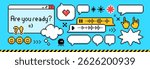 Pixel art speech bubbles and emoticon set - retro 8 bit style chat message boxes, hearts and stars, smiling faces and hand gestures icons. Geometric shapes for old school computer interface design.