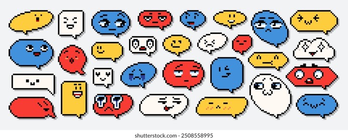 Pixel art speech bubbles with faces. Group chat with various messages emotions, 8-bit dialogue boxes with facial expressions vector illustration set