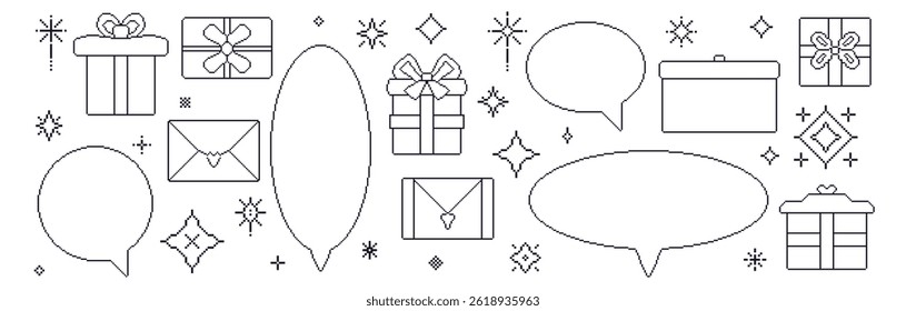 Pixel art speech bubbles and gift boxes. 8 bit callouts with presents. Round chat frames in retro lines style. Digital messages and surprise. Vector illustration.