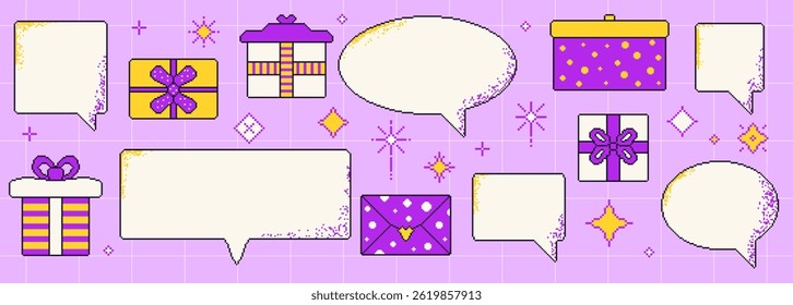 Pixel art speech bubbles and gift boxes set. 8 bit retro callouts with birthday presents and sparkles. Rectangle and round chat y2k frames. Digital message borders. Vector illustration.