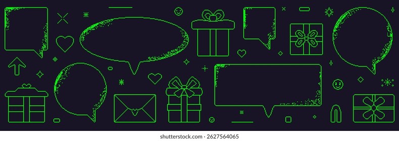 Pixel arte balões de fala e presentes definido. Chamadas retro de 8 bits com presentes de aniversário e brilhos. Quadros y2k de bate-papo de diálogo redondo e retângulo. Bordas de mensagem de caixas de texto digitais. Ilustração vetorial