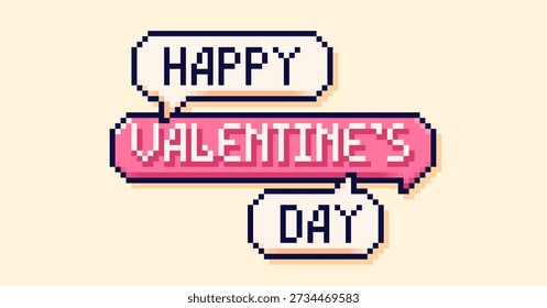 Pixel art speech bubbles with phrase Happy Valentine day.